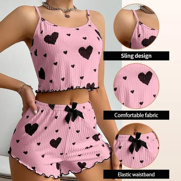Women�s_Soft_Ribbed_Stretch_Short_Nightsuit_Set,_Lightweight_Comfortable_Sleepwear_for_Girls_&_Women,_Heart_Print_Cami_Top_&_Shorts
