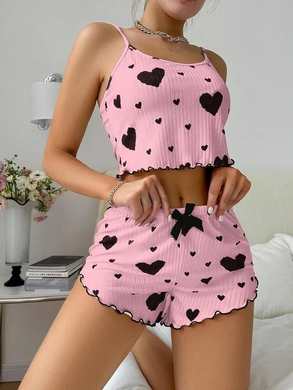Women�s_Soft_Ribbed_Stretch_Short_Nightsuit_Set,_Lightweight_Comfortable_Sleepwear_for_Girls_&_Women,_Heart_Print_Cami_Top_&_Shorts