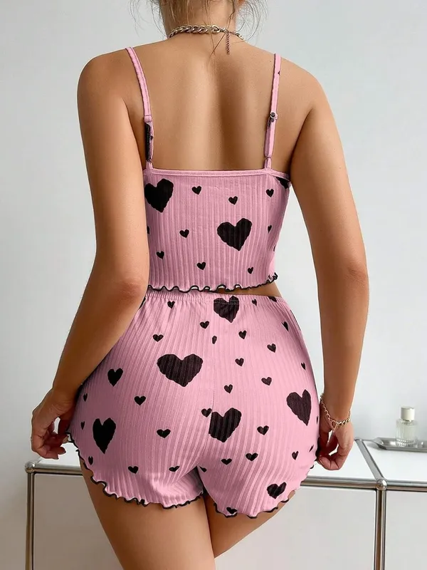 Women�s_Soft_Ribbed_Stretch_Short_Nightsuit_Set,_Lightweight_Comfortable_Sleepwear_for_Girls_&_Women,_Heart_Print_Cami_Top_&_Shorts