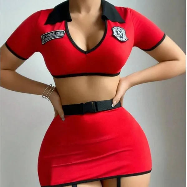 Women�s_Sexy_Red_Babydoll_Costume_Set_�_Collared_Crop_Top_&_Mini_Skirt_with_Belt_�_Role_Play_Nightwear_Outfit_for_Honeymoon_&_Valentine