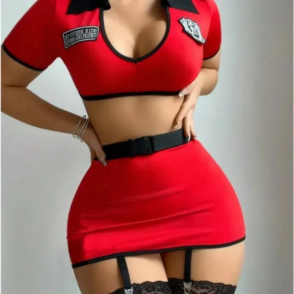 Women�s_Sexy_Red_Babydoll_Costume_Set_�_Collared_Crop_Top_&_Mini_Skirt_with_Belt_�_Role_Play_Nightwear_Outfit_for_Honeymoon_&_Valentine