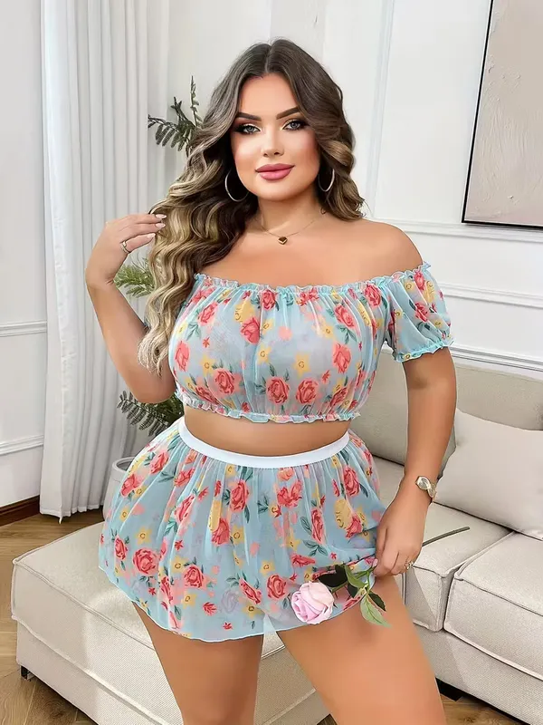 Women�s_Floral_Off-Shoulder_Babydoll_Lingerie_Set_�_Soft_Mesh_Short_Nightdress_with_Matching_Bottom