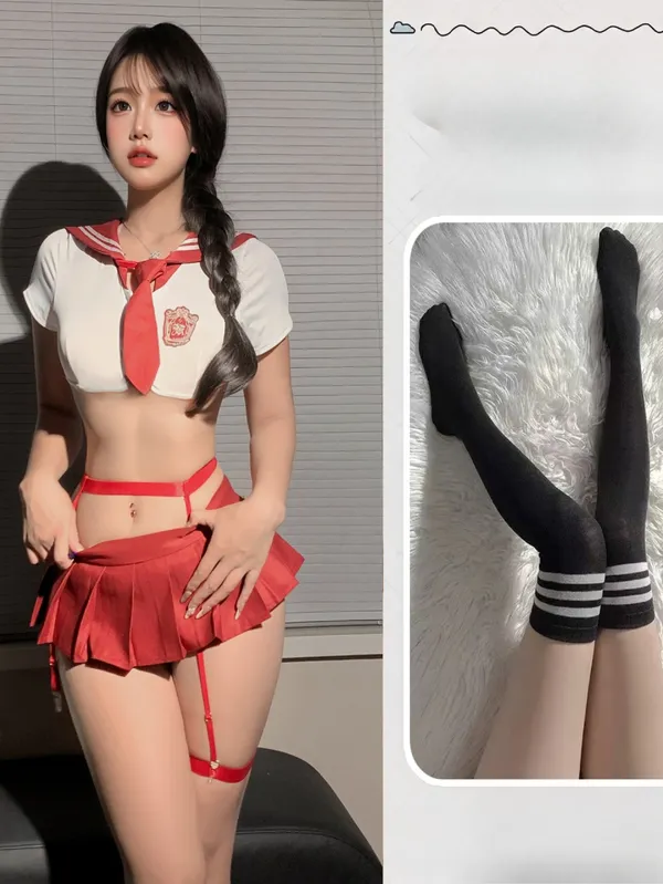 Womens_Sexy_Schoolgirl_Lingerie_Set_-_Red_&_White_Sailor_Style_Babydoll_Outfit_with_Crop_Top,_Pleated_Mini_Skirt,_and_Necktie