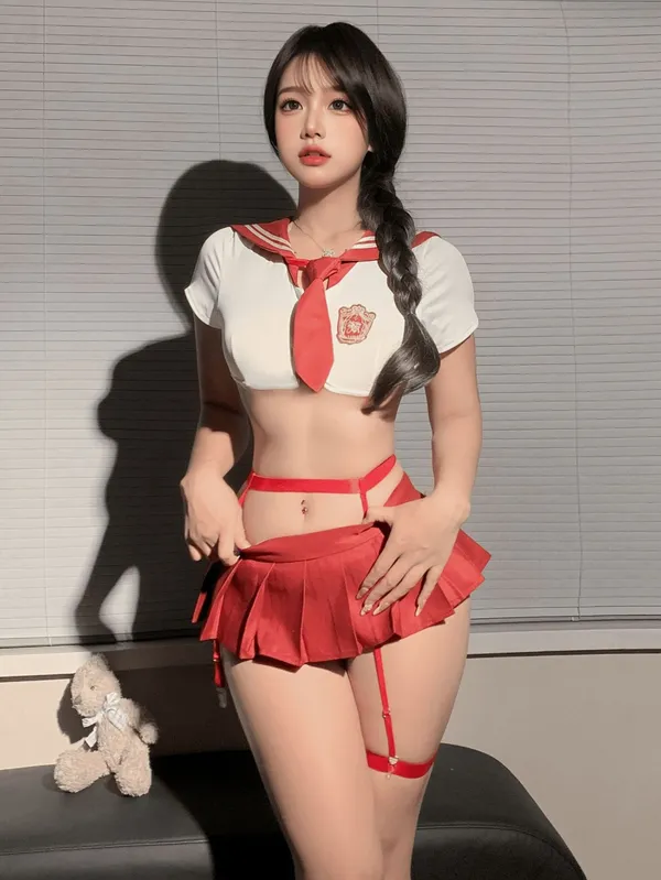 Womens_Sexy_Schoolgirl_Lingerie_Set_-_Red_&_White_Sailor_Style_Babydoll_Outfit_with_Crop_Top,_Pleated_Mini_Skirt,_and_Necktie
