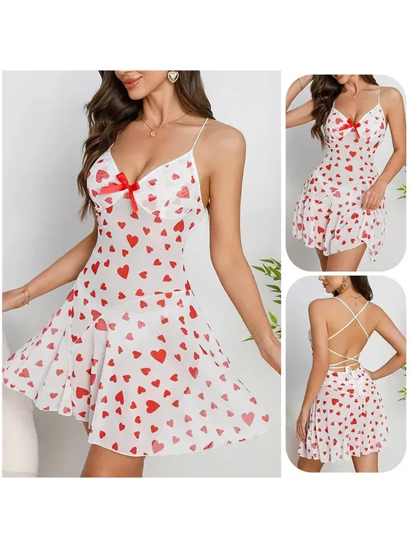 Women�s_Sheer_Heart_Print_Babydoll_Nightwear_Dress_Transparent_Mesh_Mini_Sleepwear_with_Bow