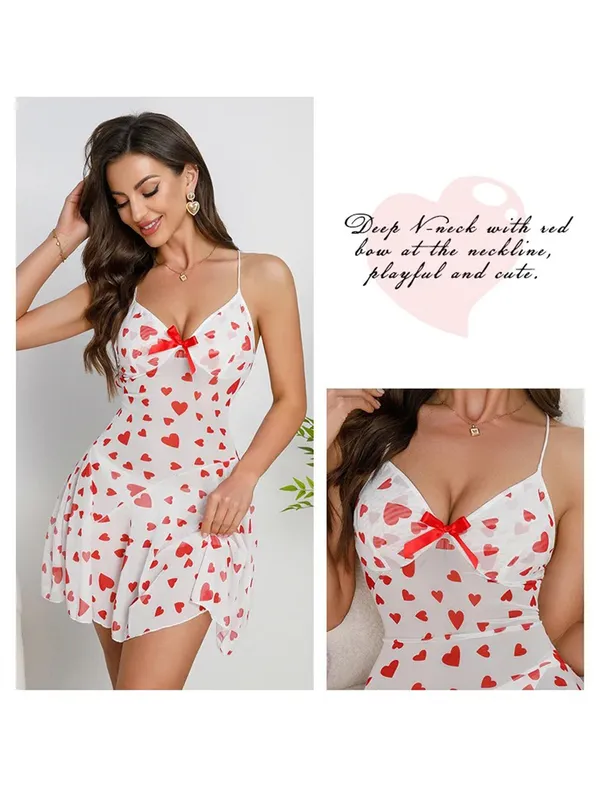 Women�s_Sheer_Heart_Print_Babydoll_Nightwear_Dress_Transparent_Mesh_Mini_Sleepwear_with_Bow