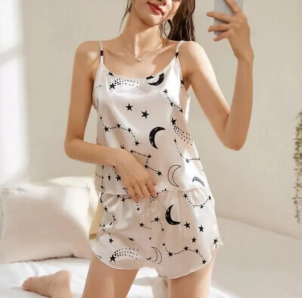 Women's_Celestial_Print_Satin_Slip_Dress,_White_with_Stars_and_Moons_Pattern,_Sleeveless_Nightwear,_Spaghetti_Strap