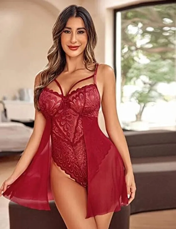 Maroon_Net_Self_Design_Babydoll_For_Women