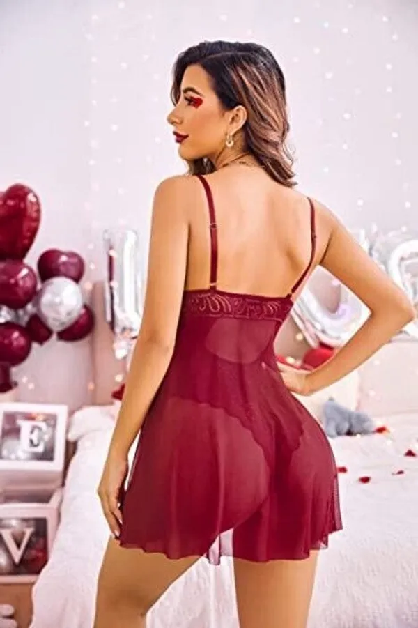 Maroon_Net_Self_Design_Babydoll_For_Women