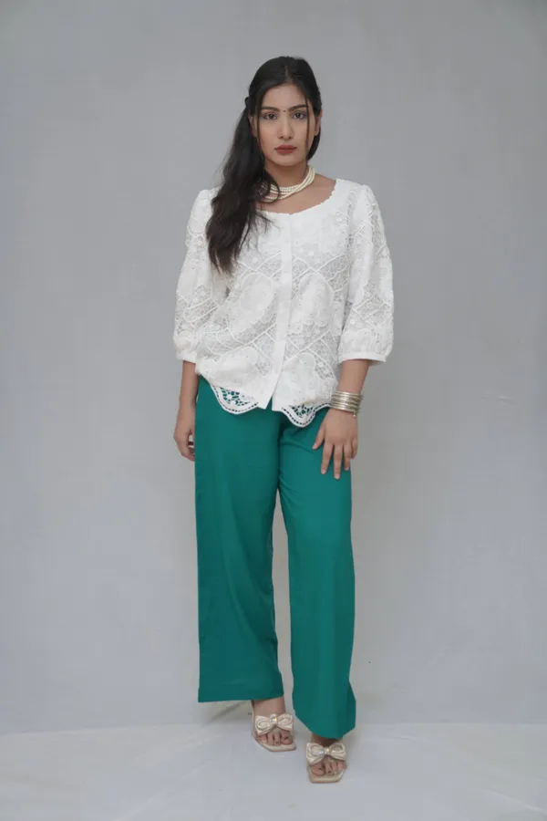 White_&_Emerald_Green_Polyester_Cotton_Co-Ord_Set_For_Women