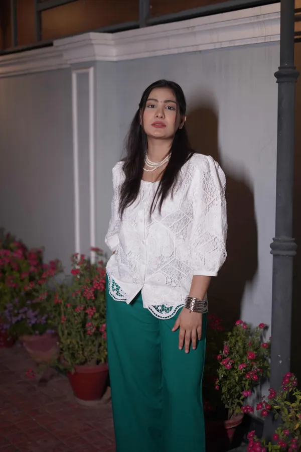 White_&_Emerald_Green_Polyester_Cotton_Co-Ord_Set_For_Women