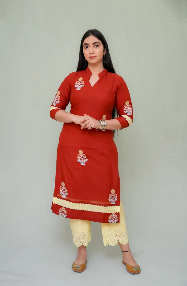 Red_Kota_Doria_Kurta_Set_For_Women