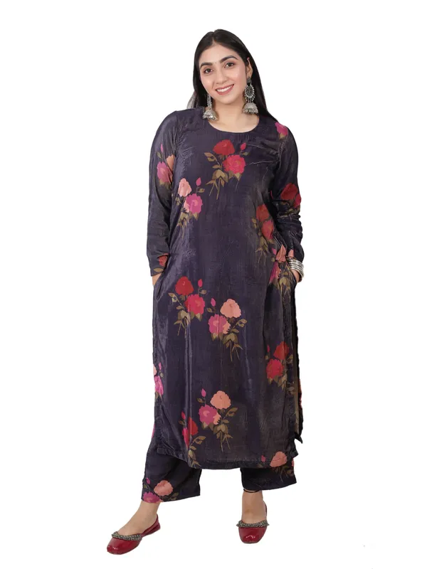 Purple_Velvet_Floral_Kurta_Set_For_Women
