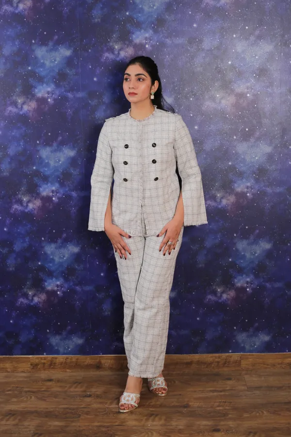 Light_Grey_Check_Tweed_Blazer_Set_For_Women