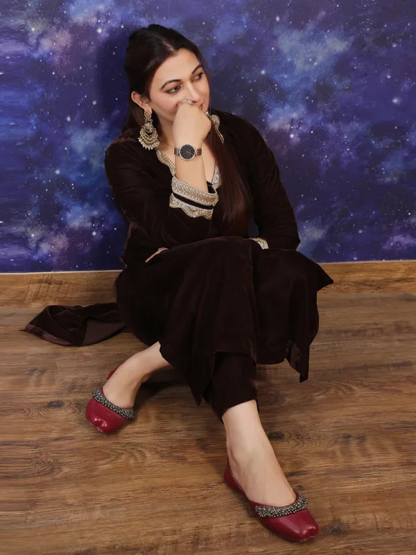 Brown_Velvet_Kurta_Set_For_Women
