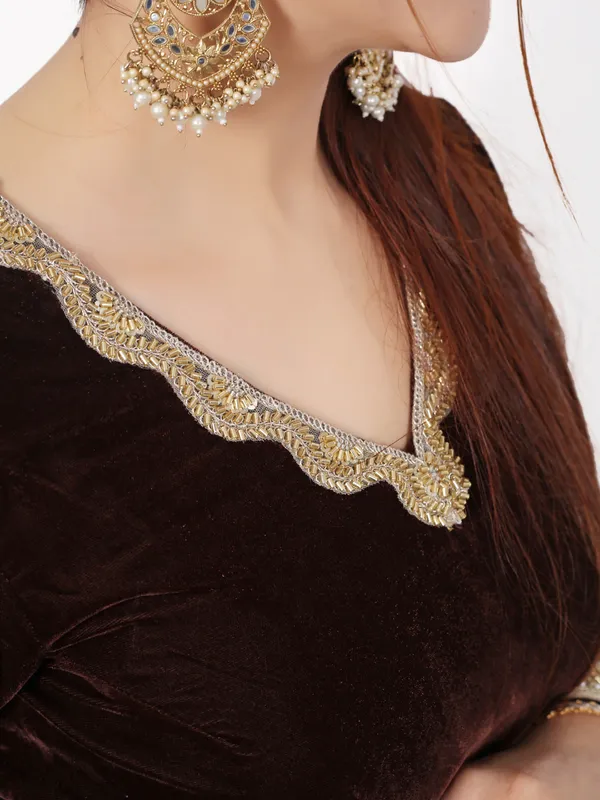 Brown_Velvet_Kurta_Set_For_Women