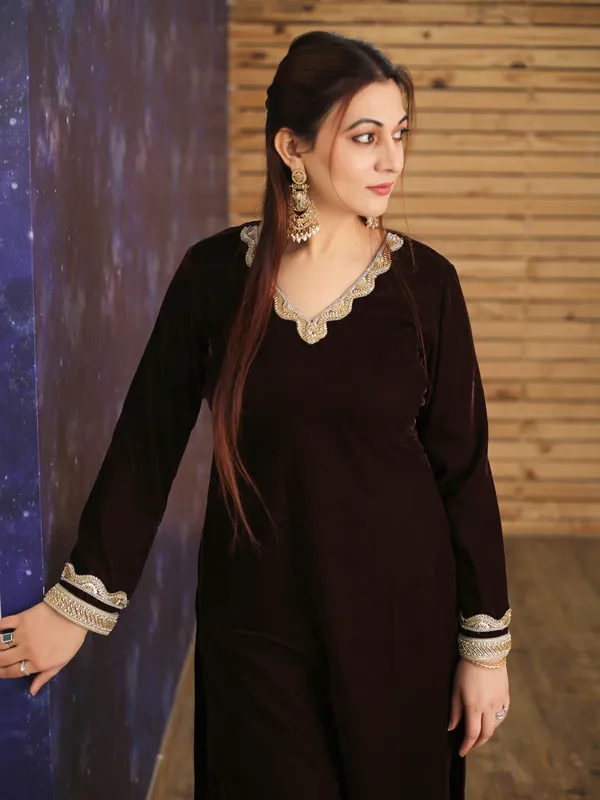 Brown_Velvet_Kurta_Set_For_Women