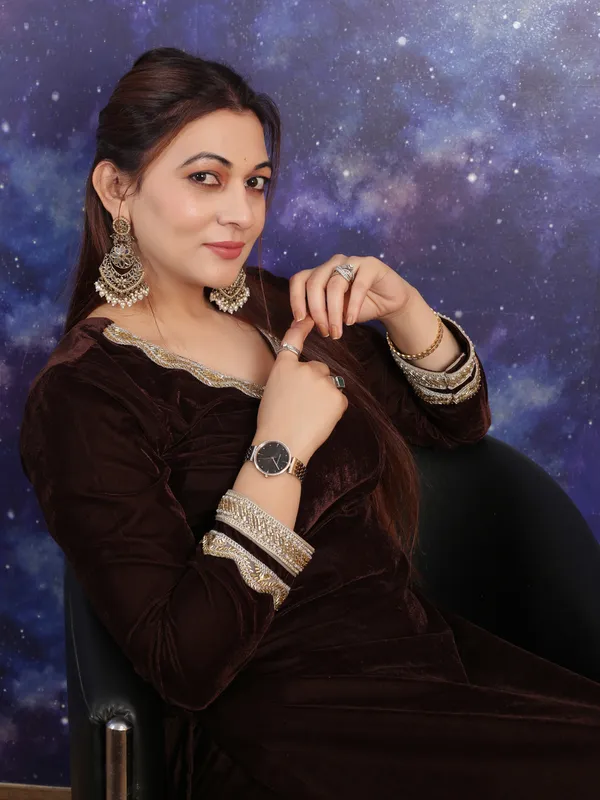 Brown_Velvet_Kurta_Set_For_Women