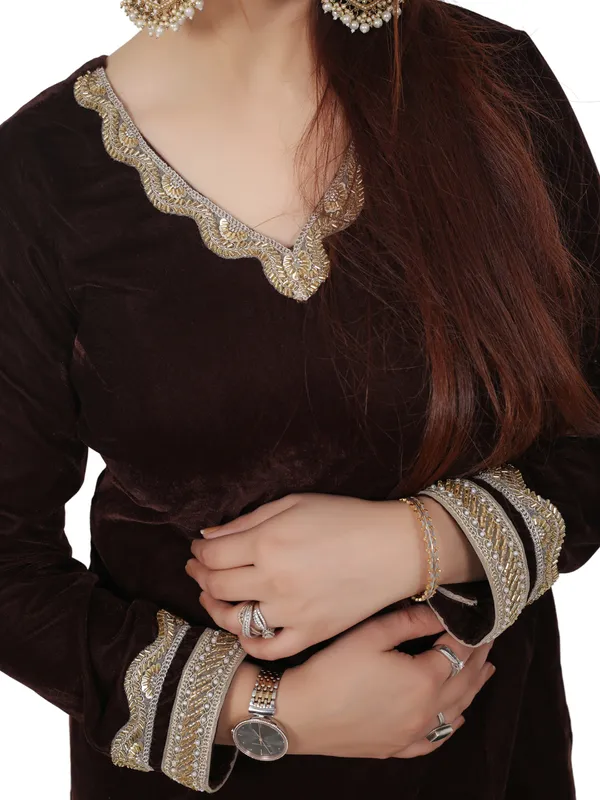Brown_Velvet_Kurta_Set_For_Women