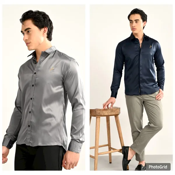 Grey_&_Blue__Satin_Slim_Fit_Gold_Logo_Shirt_For_Men_(Pack_Of_2)
