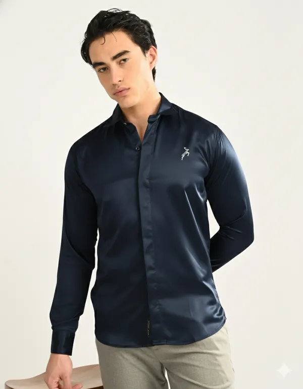Grey_&_Blue__Satin_Slim_Fit_Gold_Logo_Shirt_For_Men_(Pack_Of_2)