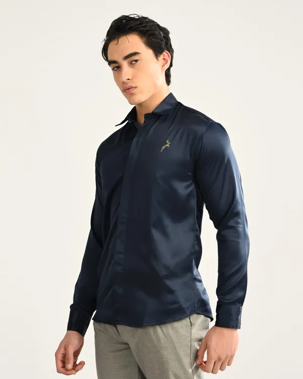 Grey_&_Blue__Satin_Slim_Fit_Gold_Logo_Shirt_For_Men_(Pack_Of_2)