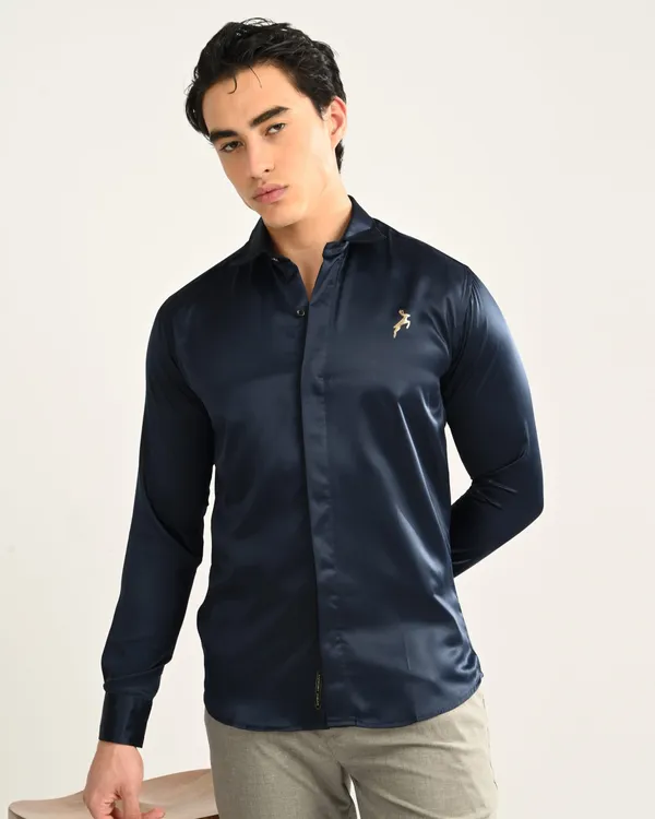 Grey_&_Blue__Satin_Slim_Fit_Gold_Logo_Shirt_For_Men_(Pack_Of_2)