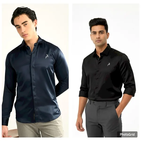 Midnight_Blue_&_Black_Satin_Slim_Fit_Sliver_Logo_Shirt_For_Men_(Pack_Of_2)