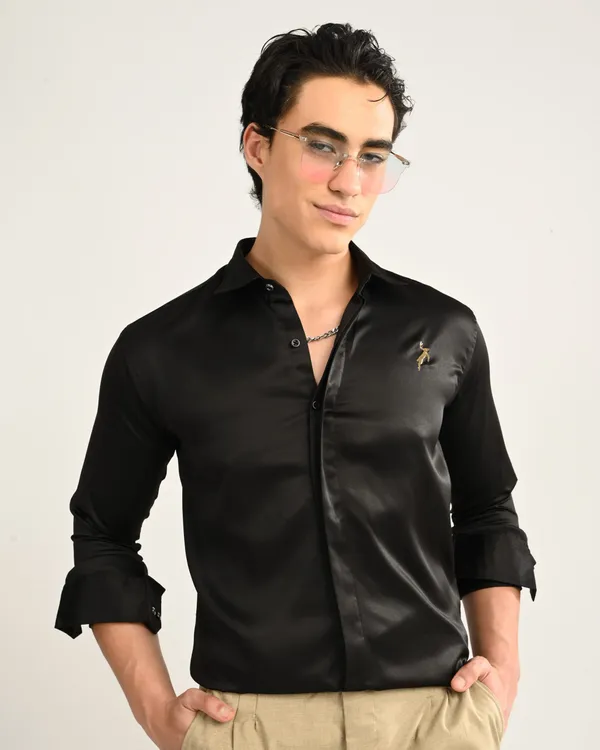 Black_Satin_Slim_Fit_Gold_Logo_Shirt_For_Men