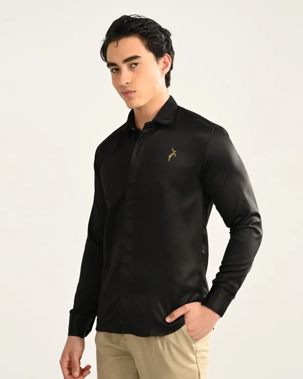 Black_Satin_Slim_Fit_Gold_Logo_Shirt_For_Men