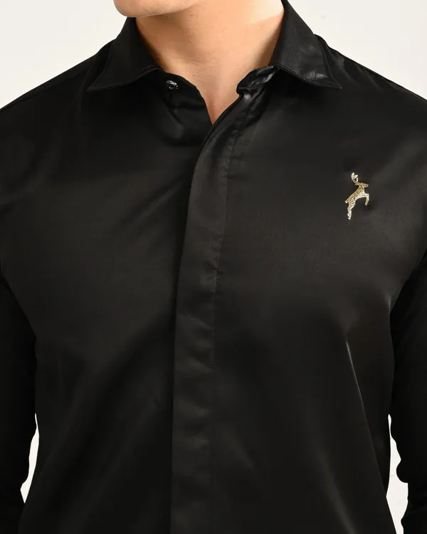 Black_Satin_Slim_Fit_Gold_Logo_Shirt_For_Men