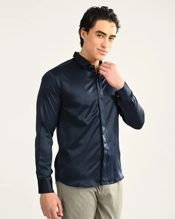Midnight_Blue_Satin_Slim_Fit_Sliver_Logo_Shirt_For_Men