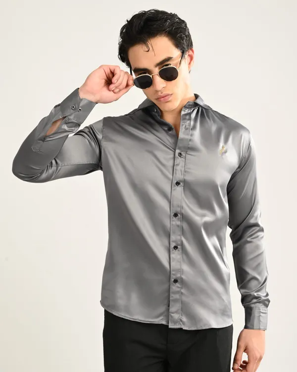 Grey_Satin_Slim_Fit_Gold_Logo_Shirt_For_Men