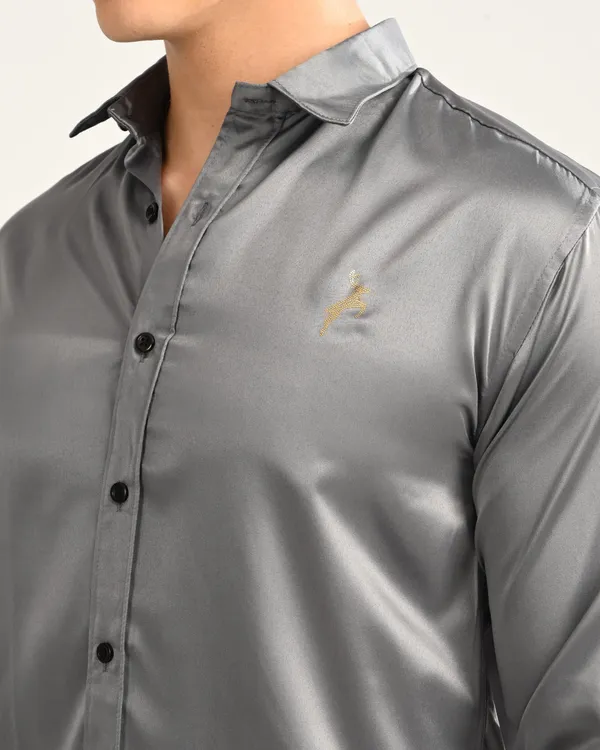 Grey_Satin_Slim_Fit_Gold_Logo_Shirt_For_Men
