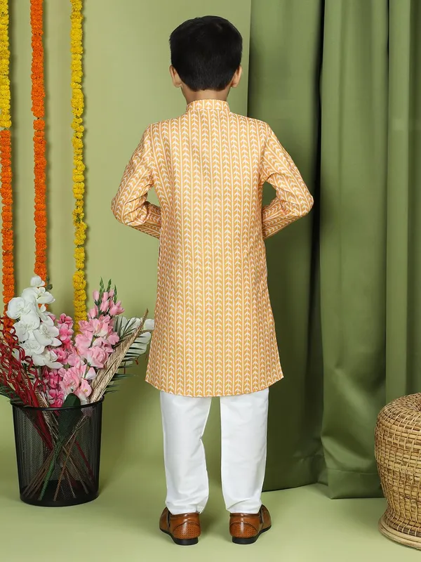 Yellow_Cotton_Full_Sleeve_Regular_Fit_Printed_Yellow_Kurta_Churidar_Set_For_Boy
