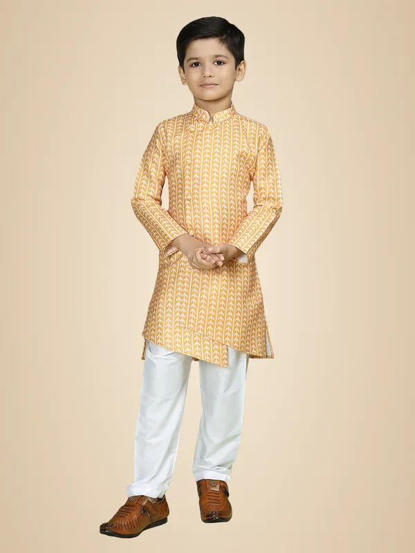 Yellow_Cotton_Full_Sleeve_Regular_Fit_Printed_Yellow_Kurta_Churidar_Set_For_Boy