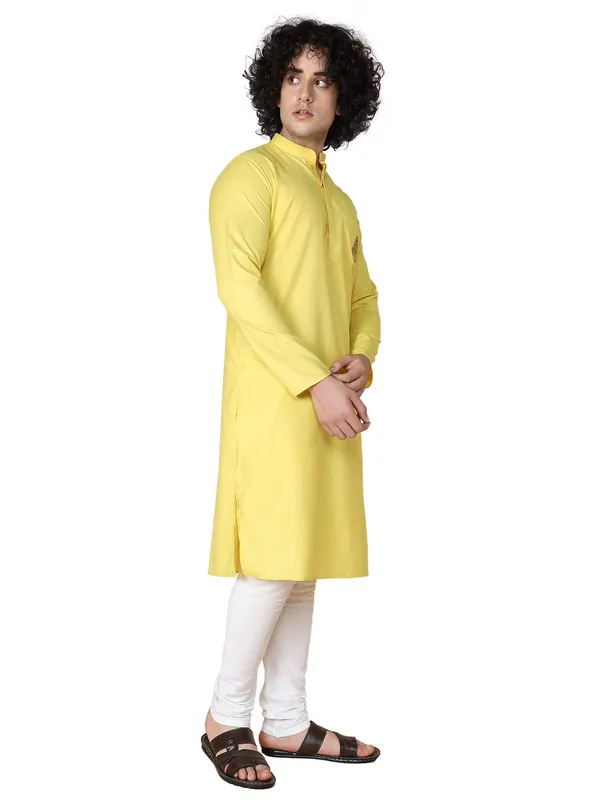 Yellow_Cotton_Full_Sleeve_Regular_Fit_Embroidery_Kurta_For_Men