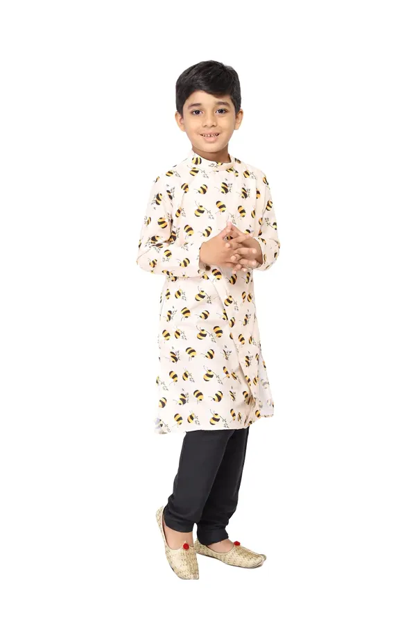 White_Cotton_Beige_Full_Sleeve_Regular_Fit_Printed_Kurta_Churidar_For_Kids