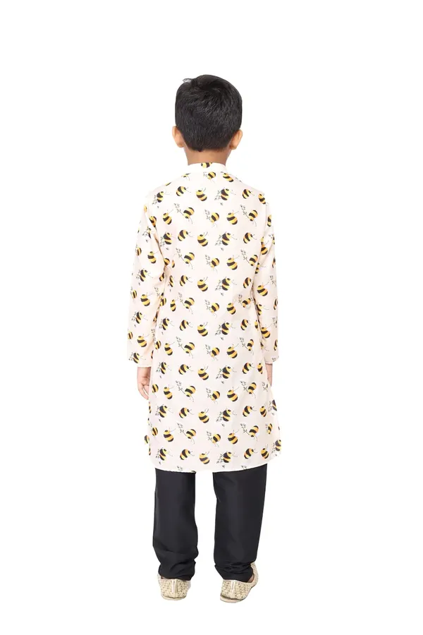 White_Cotton_Beige_Full_Sleeve_Regular_Fit_Printed_Kurta_Churidar_For_Kids
