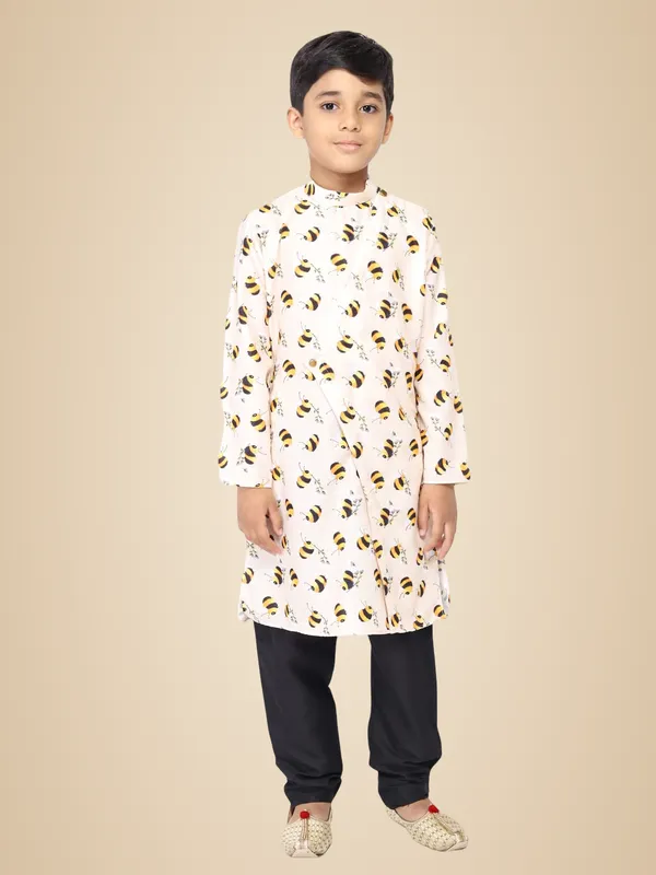 White_Cotton_Beige_Full_Sleeve_Regular_Fit_Printed_Kurta_Churidar_For_Kids