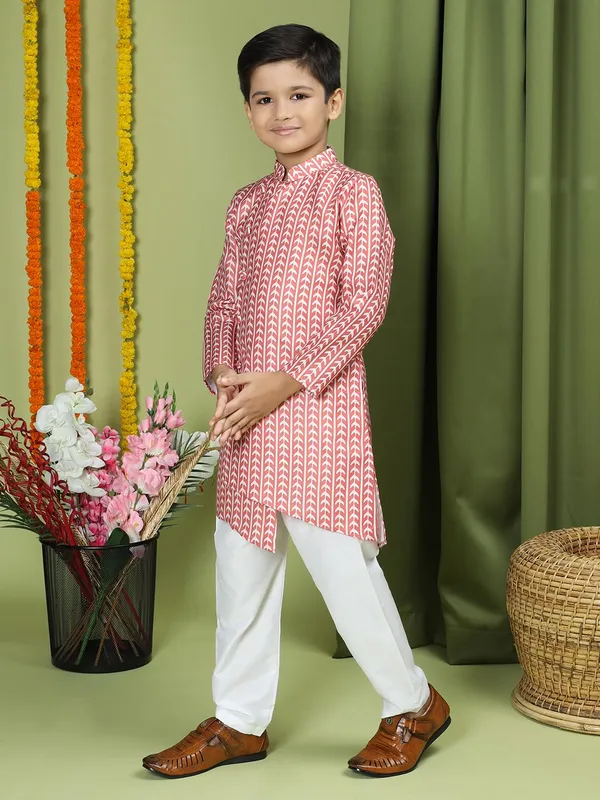 Red_Cotton_Full_Sleeve_Regular_Fit_Printed_Red_Kurta_Churidar_Set_For_Boy