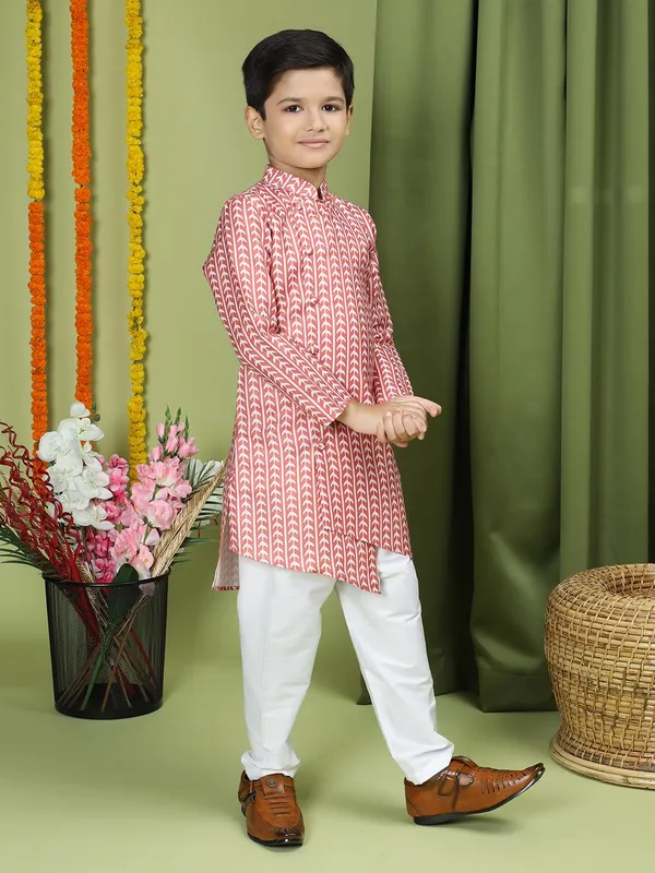 Red_Cotton_Full_Sleeve_Regular_Fit_Printed_Red_Kurta_Churidar_Set_For_Boy