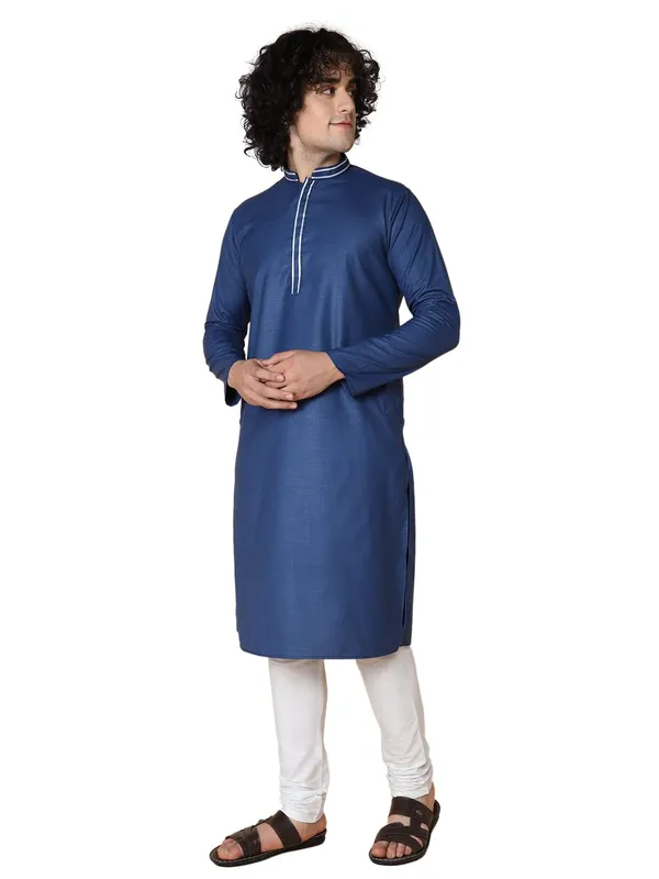 Blue_Cotton_Full_Sleeves_Regular_Plain_Kurta_Churidar_Set_For_Men