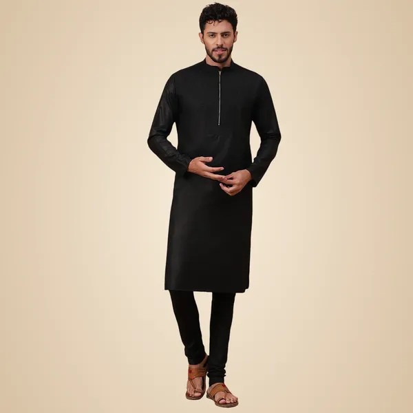 Black_Plain_Full_Sleeves_Regular_Kurta_Set_For_Men
