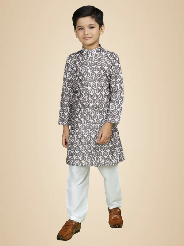 Brown_Cotton_Full_Sleeve_Regular_Fit_Printed_Brown_Kurta_Churidar_Set_For_Boy