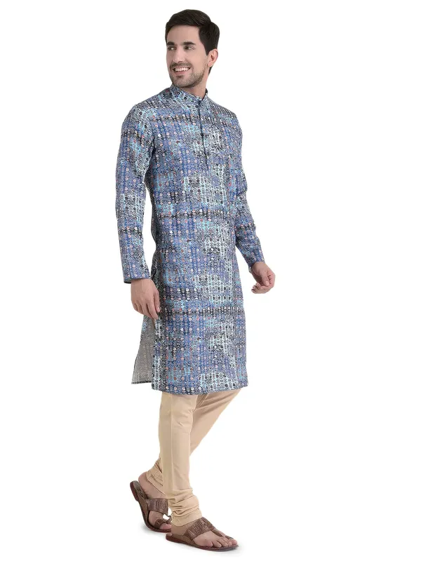 Sky_Blue_Cotton_Peach_Full_Sleeve_Regular_Fit_Printed_Kurta_For_Men