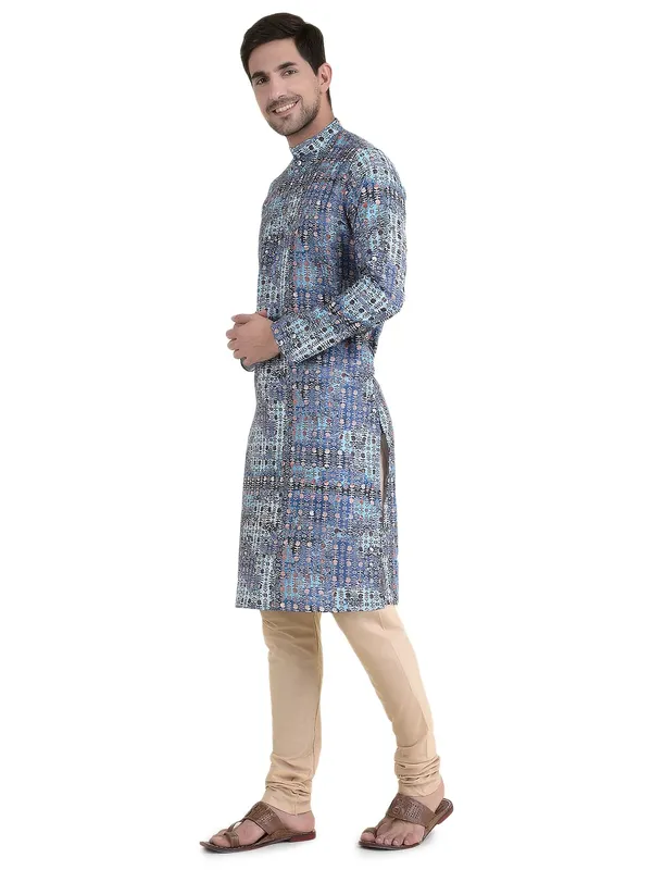 Sky_Blue_Cotton_Peach_Full_Sleeve_Regular_Fit_Printed_Kurta_For_Men