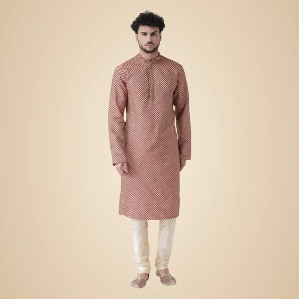 Maroon_Jacquard_White_Full_Sleeve_Regular_Fit_Printed_Kurta_For_Men