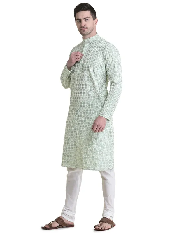 Green_Cotton_Full_Sleeve_Regular_Fit_Chikankari_Embroidery_Kurta_For_Men