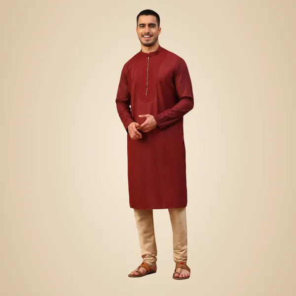 Maroon_Jacquard_Full_Sleeve_Regular_Fit_Printed_Kurta_For_Men